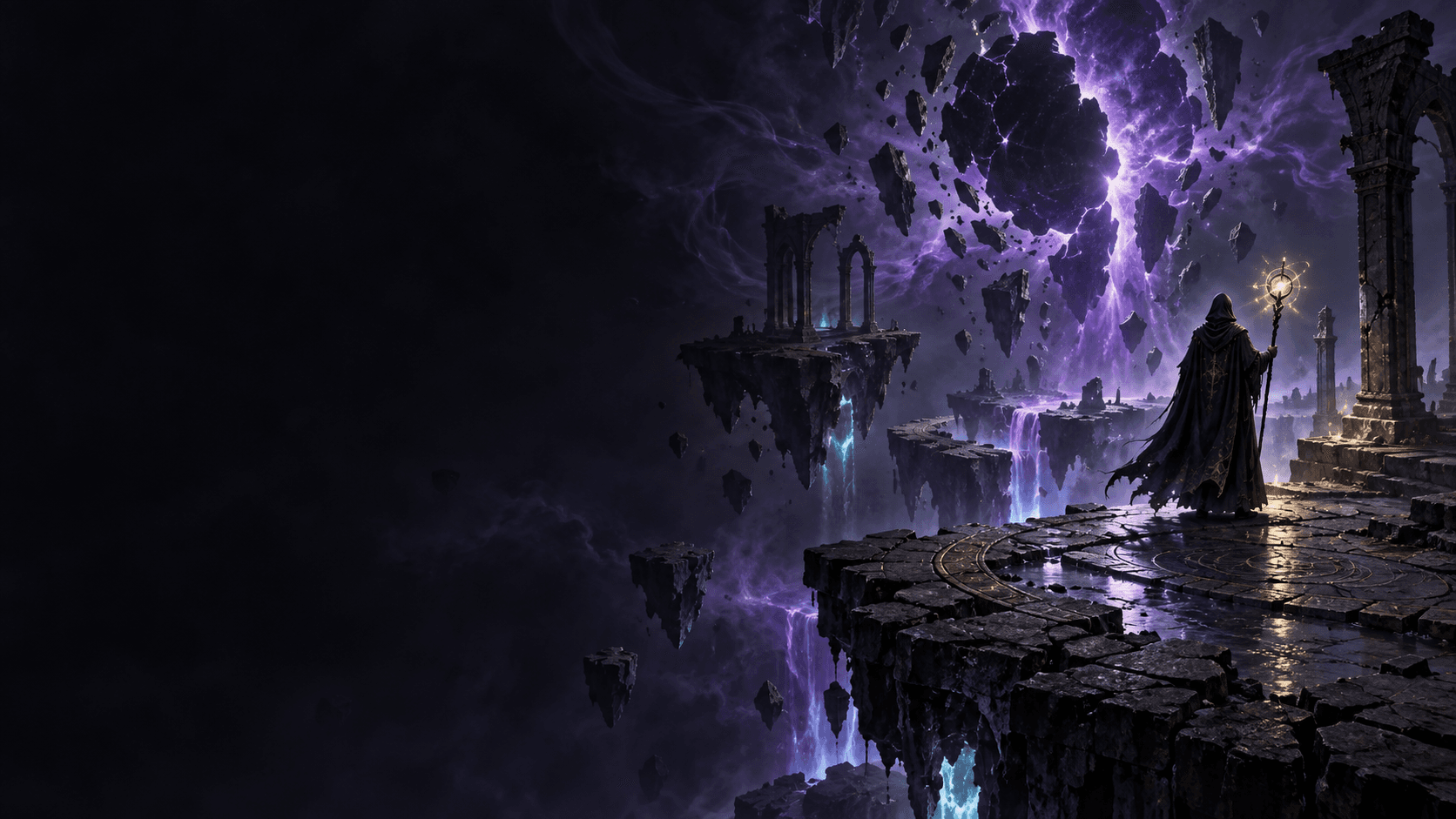 A lone wizard in a fractured violet realm